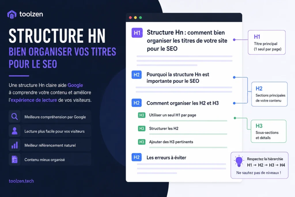 Illustration de la structure Hn SEO montrant l'organisation des balises H1, H2 et H3 pour améliorer le référencement naturel d'un site web.