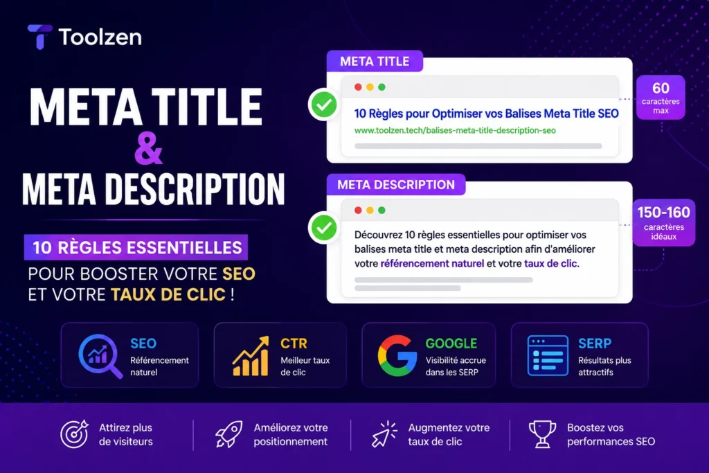 Illustration expliquant comment optimiser les balises meta title et meta description pour améliorer le référencement naturel et le taux de clic.