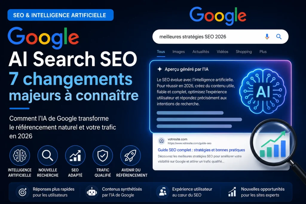 Google AI Search SEO et intelligence artificielle : les 7 changements majeurs qui transforment le référencement naturel en 2026.