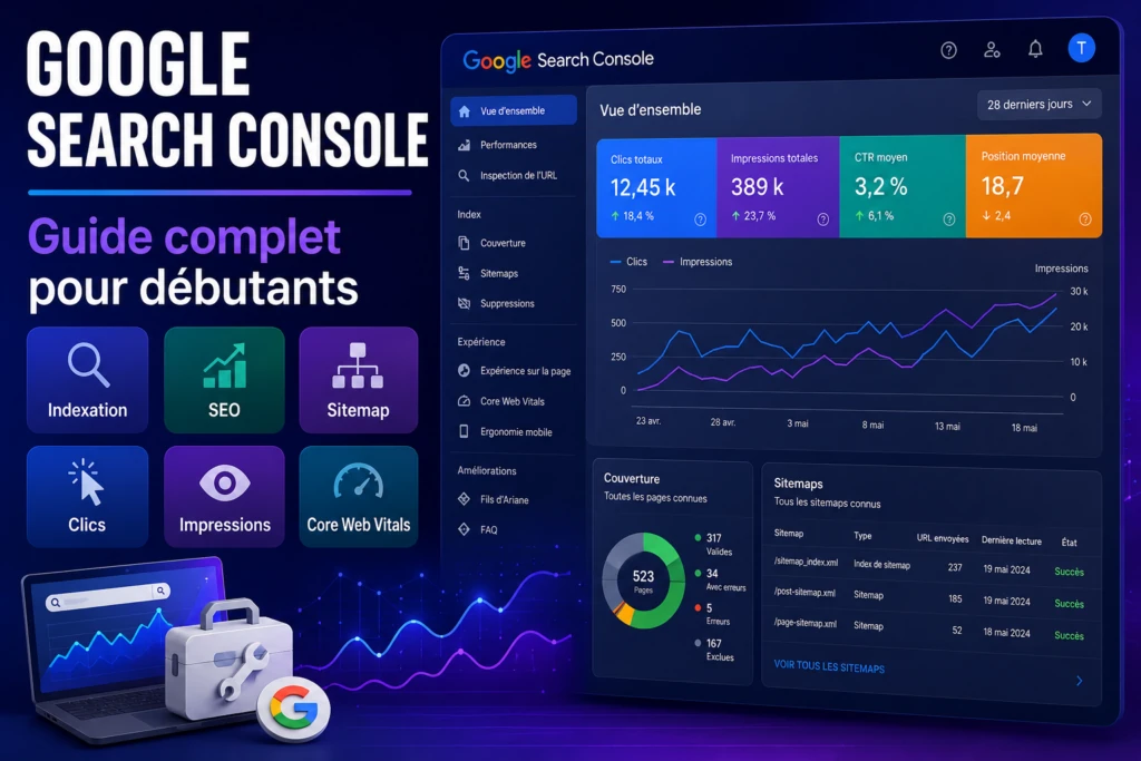 google search console avec analyse seo indexation sitemap clics impressions et core web vitals